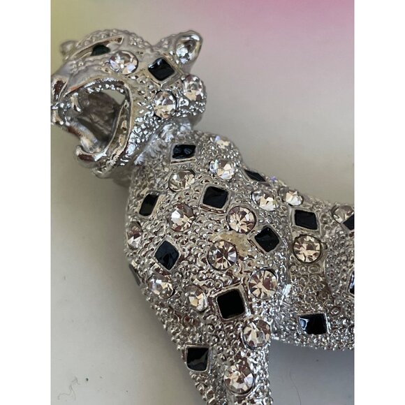 Vintage 1980s Large Statement Brooch Rhinestone leopard Big Cat Open Mouth - Picture 9 of 9